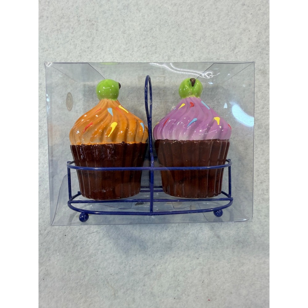 CIB Ceramic Cupcake Salt and Pepper Shakers Set with Blue Metal Caddy Rack NEW